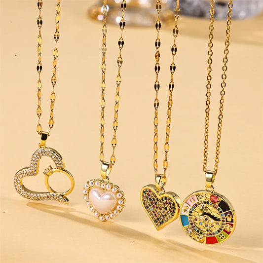 Simple Style Heart Shape Stainless Steel Plating Inlay Zircon 18k Gold Plated Pendant Necklace