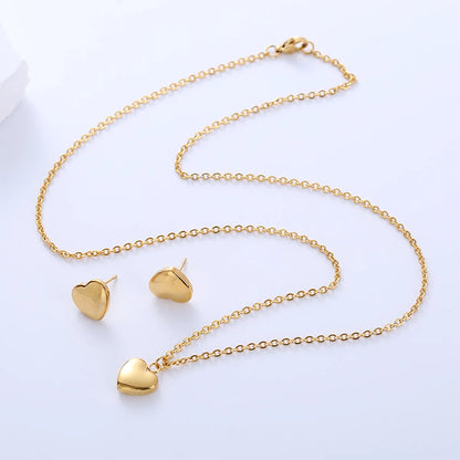 Wholesale Simple Style Heart Shape Stainless Steel Polishing 18k Gold Plated Earrings Necklace Jewelry Set