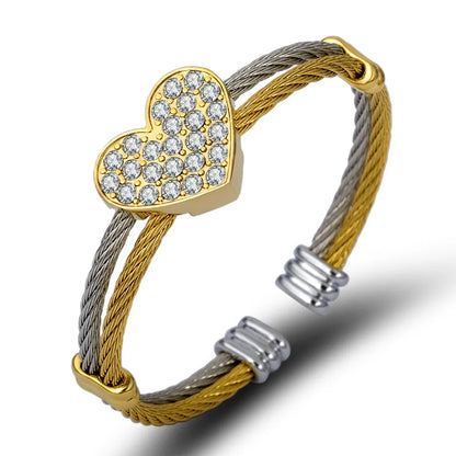 Simple Style Heart Shape Stainless Steel Rhinestones Bangle In Bulk