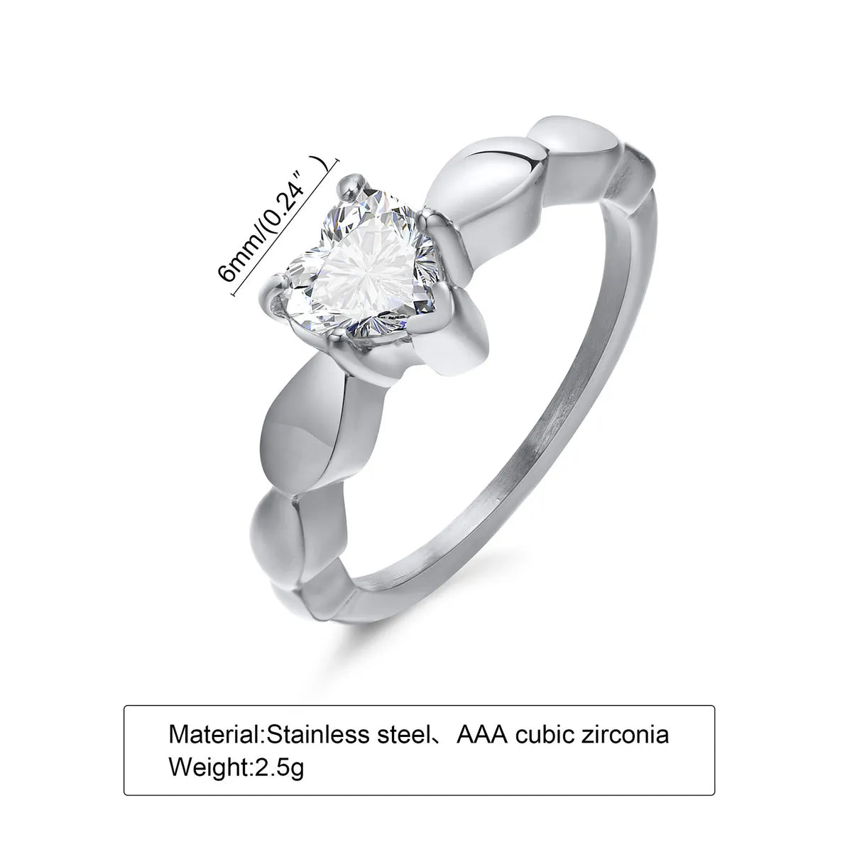 Simple Style Heart Shape Stainless Steel Rings Inlay Zircon Stainless Steel Rings