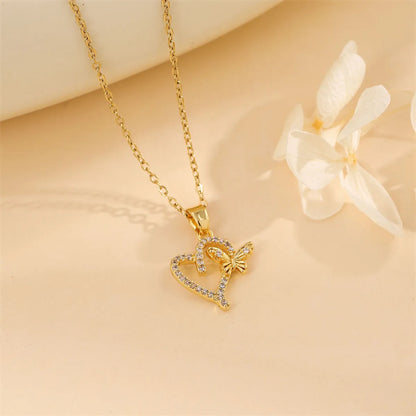 Simple Style Heart Shape Stainless Steel Titanium Steel Plating Zircon 18k Gold Plated Necklace