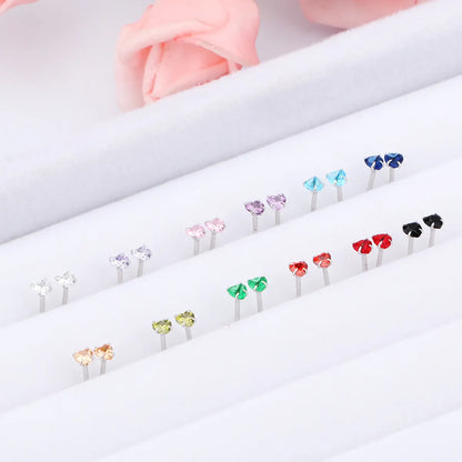 Simple Style Heart Shape Sterling Silver Inlay Zircon Ear Studs 1 Pair