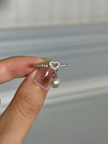 Simple Style Heart Shape Sterling Silver Plating Inlay Artificial Pearls Zircon White Gold Plated Adjustable Ring