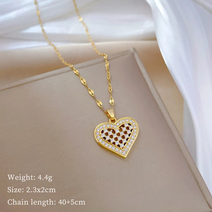 Simple Style Heart Shape Titanium Steel Copper Plating Inlay Artificial Gemstones Pendant Necklace