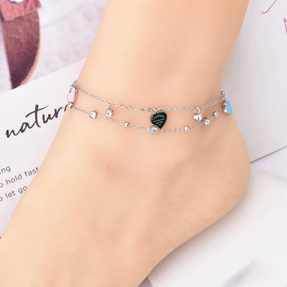 Simple Style Heart Shape 304 Stainless Steel Epoxy Plating Inlay Artificial Diamond 18K Gold Plated Women'S Anklet