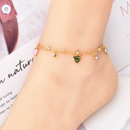 Simple Style Heart Shape 304 Stainless Steel Epoxy Plating Inlay Artificial Diamond 18K Gold Plated Women'S Anklet