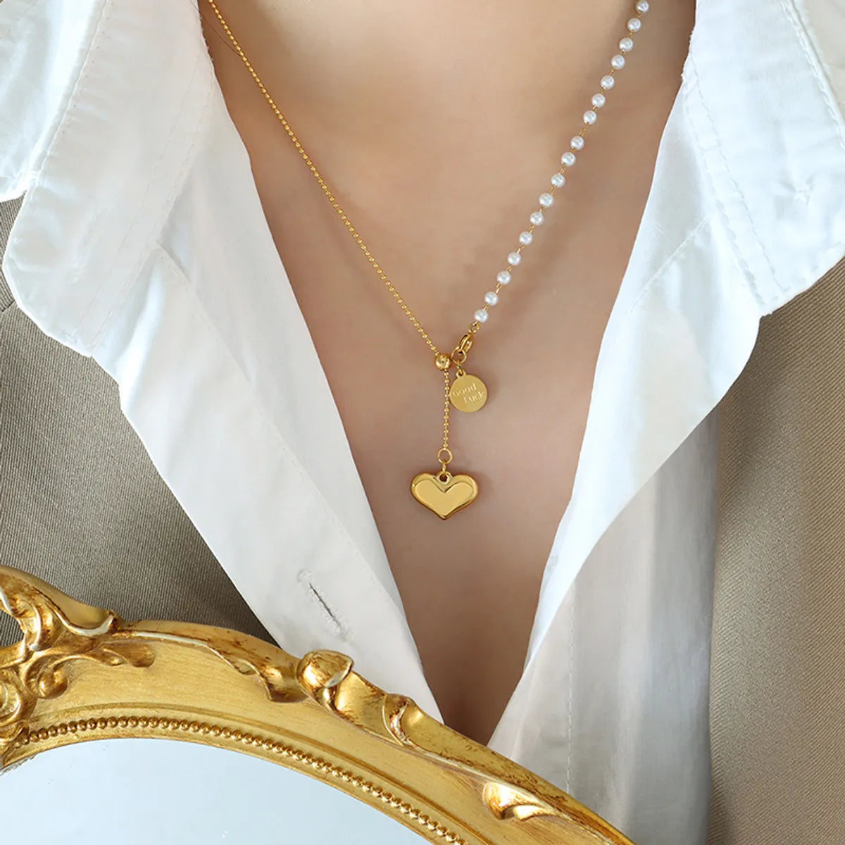 Simple Style Heart Shape Titanium Steel Pearl Plating Pendant Necklace 1 Piece