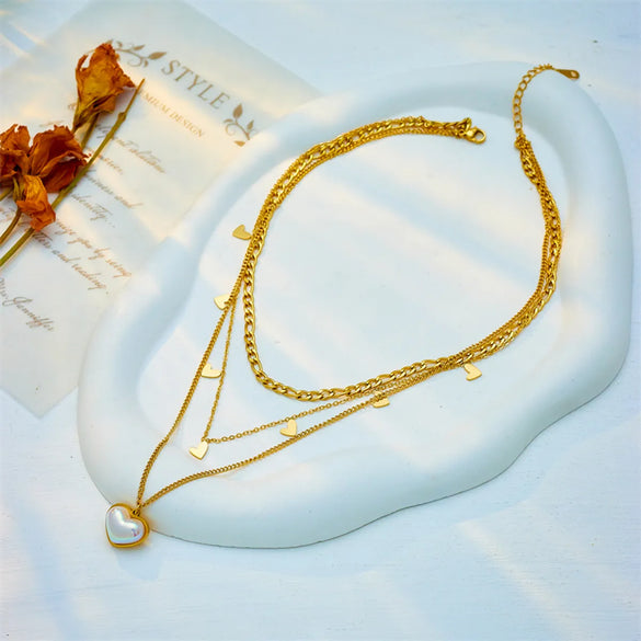 Simple Style Heart Shape Titanium Steel Plating Inlay Pearl 18k Gold Plated Layered Necklaces