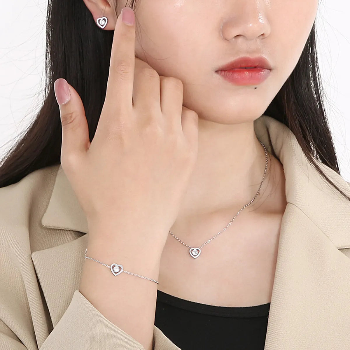 Simple Style Heart Shape Titanium Steel Plating Inlay Zircon 18k Gold Plated Rose Gold Plated Bracelets Earrings Necklace