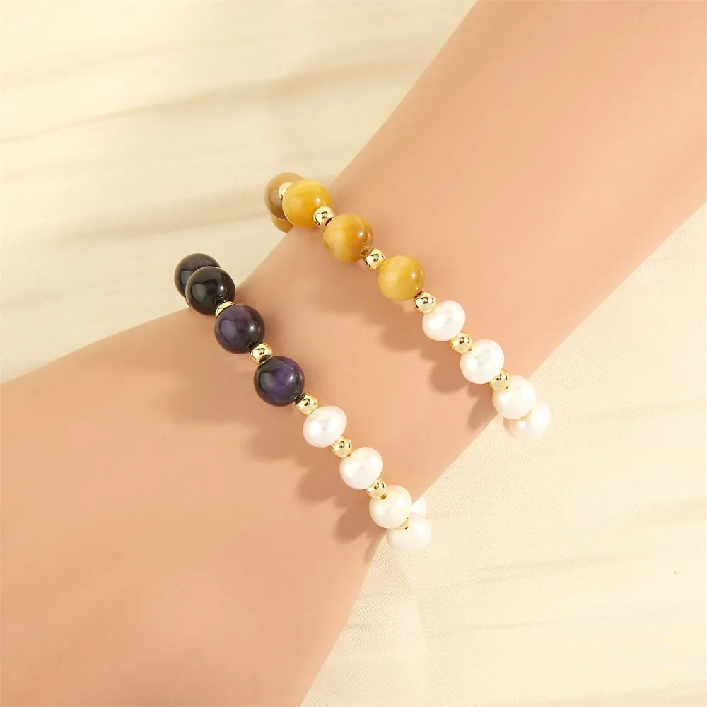 Simple Style Irregular Round Artificial Gemstones Freshwater Pearl Copper Handmade Plating 18k Gold Plated Bracelets