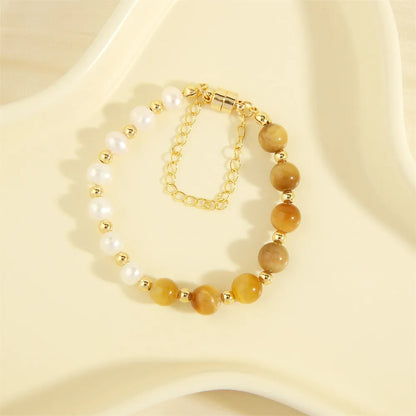 Simple Style Irregular Round Artificial Gemstones Freshwater Pearl Copper Handmade Plating 18k Gold Plated Bracelets