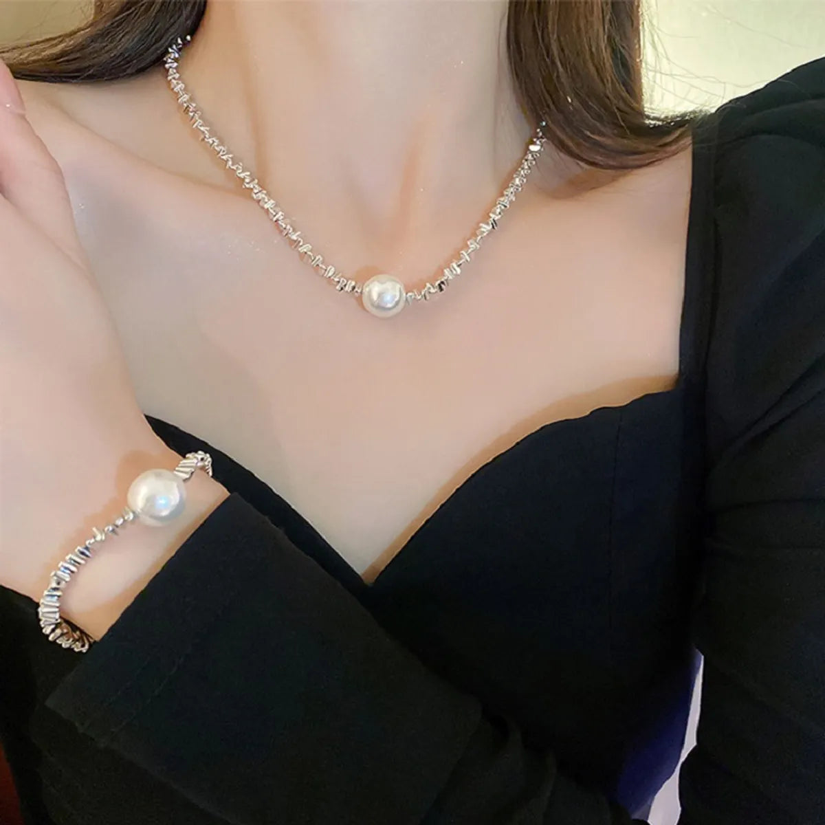 Simple Style Irregular Square Heart Shape Imitation Pearl Natural Stone Metal Inlay Rhinestones Women's Bracelets Necklace