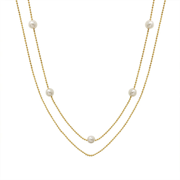 Simple Style 18K Gold Plated Titanium Steel Imitation Pearl Double Layer Necklace For Women
