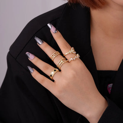 Simple Style Korean Style Geometric Copper Plating Hollow Out Inlay Zircon Gold Plated Open Rings