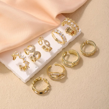 Simple Style Korean Style Geometric Copper Plating Hollow Out Inlay Zircon Gold Plated Open Rings