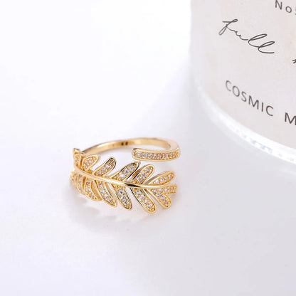 Simple Style Leaf Copper 18k Gold Plated Silver Plated Zircon Adjustable Ring In Bulk