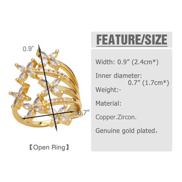 Simple Style Leaf Copper Plating Inlay Zircon 18k Gold Plated Open Rings