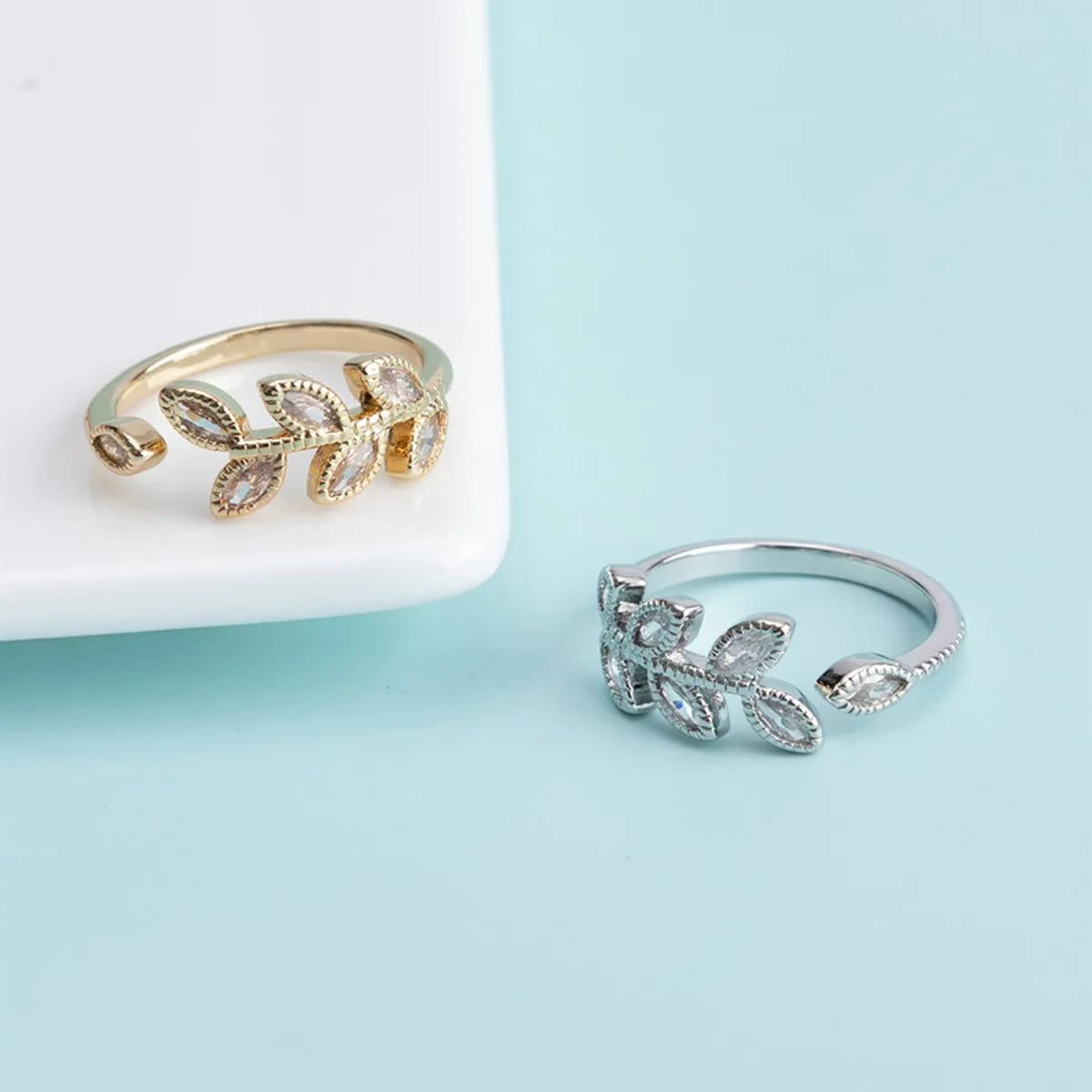 Simple Style Leaf Metal Plating Inlay Zircon Unisex Open Rings