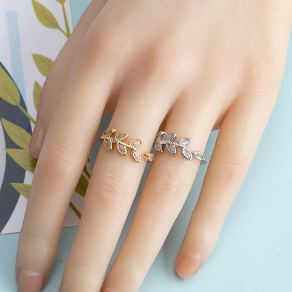 Simple Style Leaf Metal Plating Inlay Zircon Unisex Open Rings