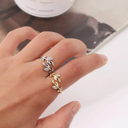 Simple Style Leaf Metal Plating Inlay Zircon Women's Open Rings