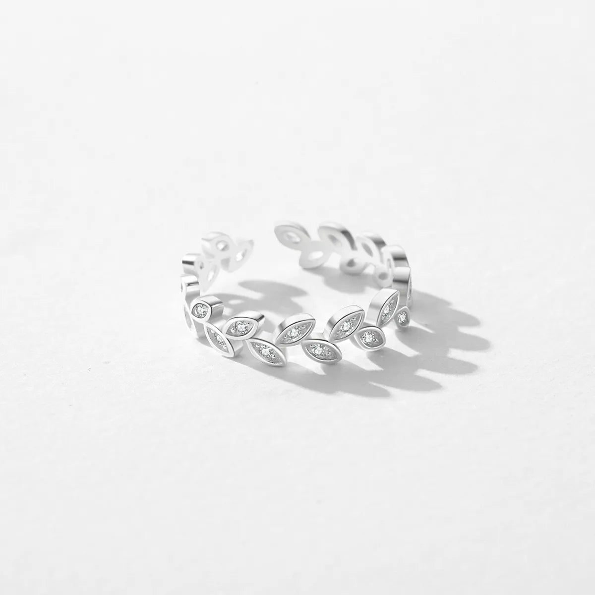 Simple Style Leaves Sterling Silver Plating Inlay Zircon Rhodium Plated Rings