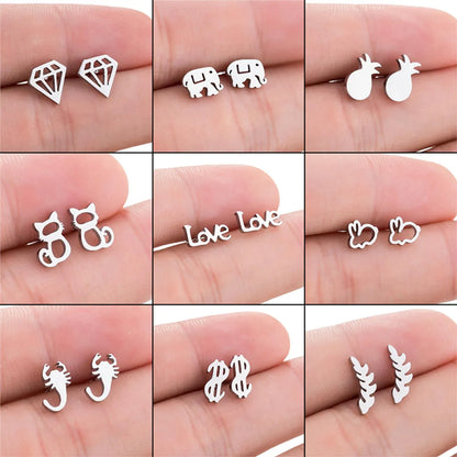 Simple Style Letter Cat Elephant Stainless Steel Plating Hollow Out Ear Studs 1 Pair