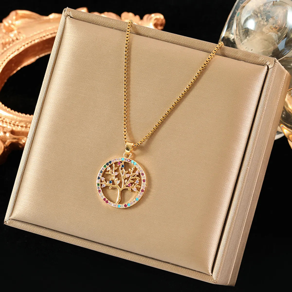 Simple Style Life Tree Stainless Steel Brass Plating Inlay Zircon 18k Gold Plated Pendant Necklace