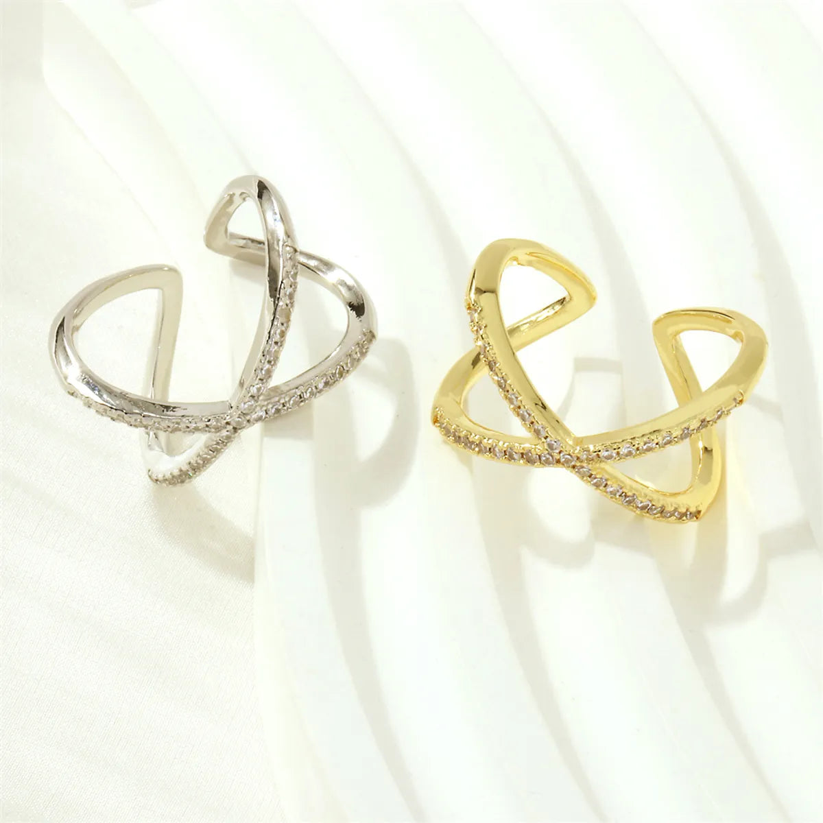 Simple Style Lines Copper 18k Gold Plated Zircon Open Rings In Bulk