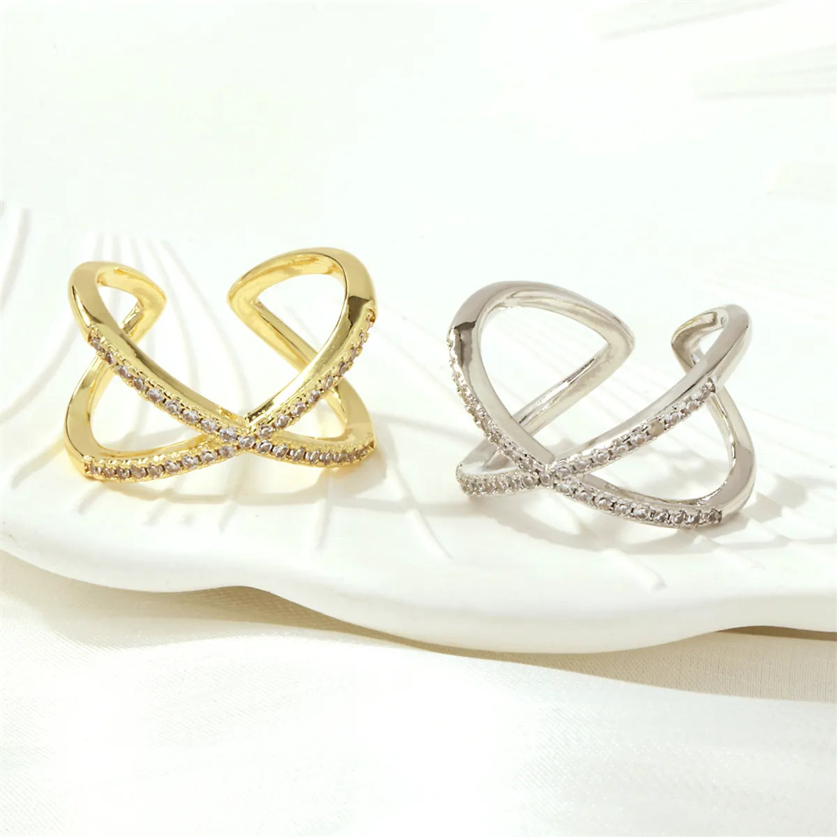 Simple Style Lines Copper 18k Gold Plated Zircon Open Rings In Bulk