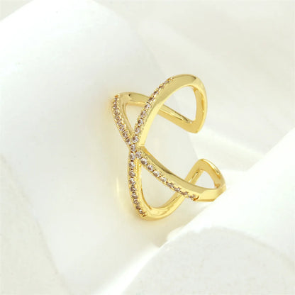 Simple Style Lines Copper 18k Gold Plated Zircon Open Rings In Bulk