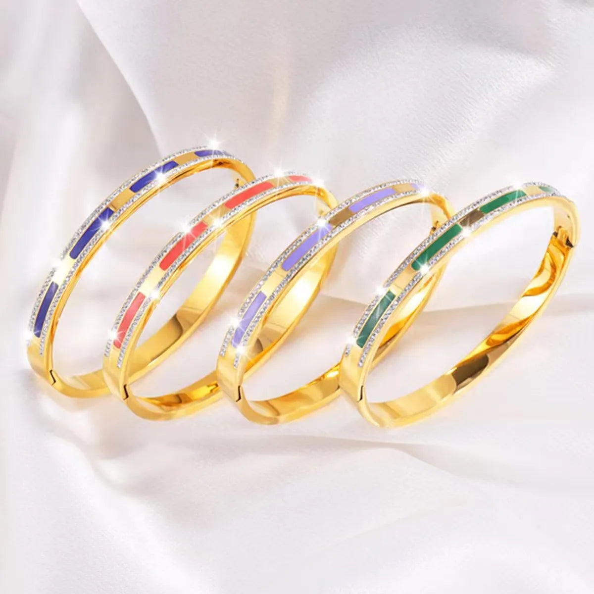 Simple Style Lines Stainless Steel Enamel Inlay Zircon Bangle