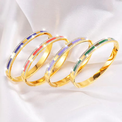 Simple Style Lines Stainless Steel Enamel Inlay Zircon Bangle