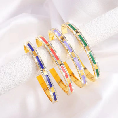 Simple Style Lines Stainless Steel Enamel Inlay Zircon Bangle