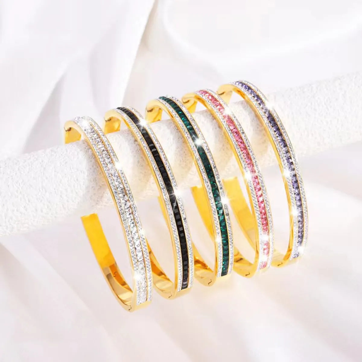 Simple Style Lines Stainless Steel Enamel Inlay Zircon Bangle