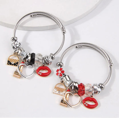 Simple Style Lipstick Lips Heart Shape Stainless Steel Alloy Enamel Hollow Out Inlay Rhinestones Bangle