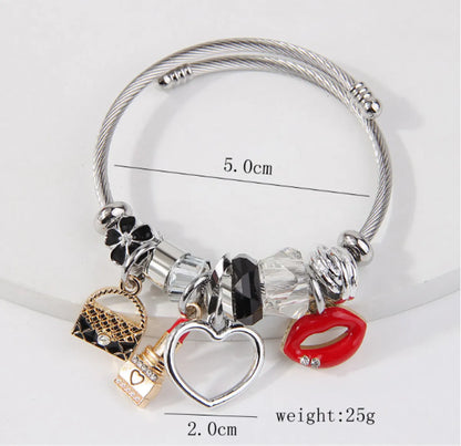 Simple Style Lipstick Lips Heart Shape Stainless Steel Alloy Enamel Hollow Out Inlay Rhinestones Bangle