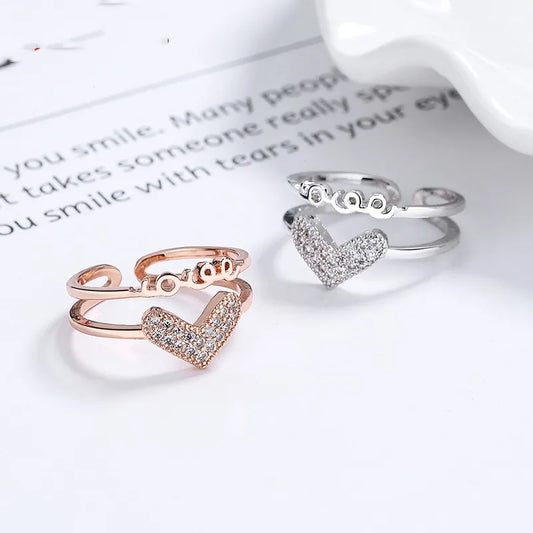 Simple Style Love Heart Shape Sterling Silver Plating Hollow Out Inlay Zircon Open Ring