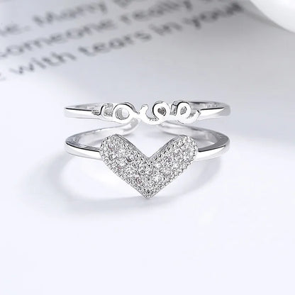 Simple Style Love Heart Shape Sterling Silver Plating Hollow Out Inlay Zircon Open Ring