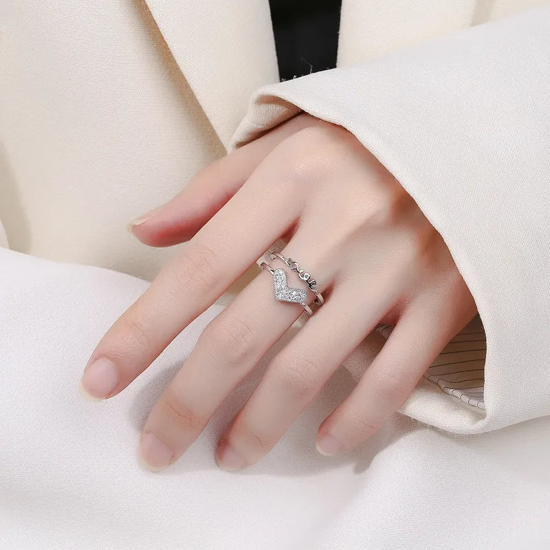 Simple Style Love Heart Shape Sterling Silver Plating Hollow Out Inlay Zircon Open Ring