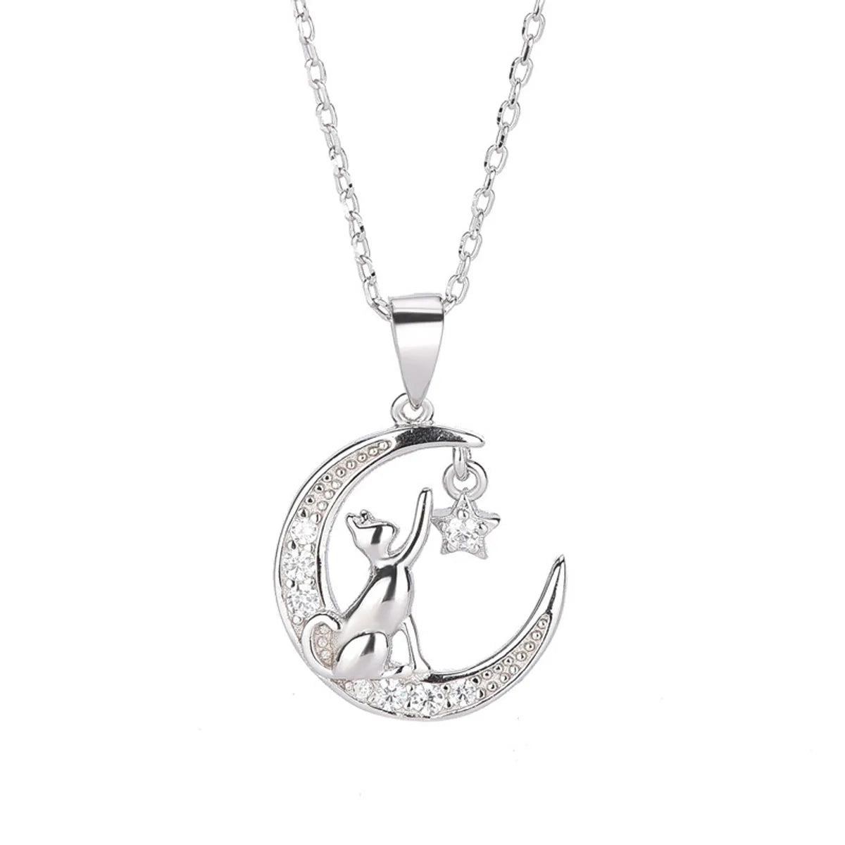 Simple Style Moon Cat Sterling Silver Inlay Zircon Pendant Necklace