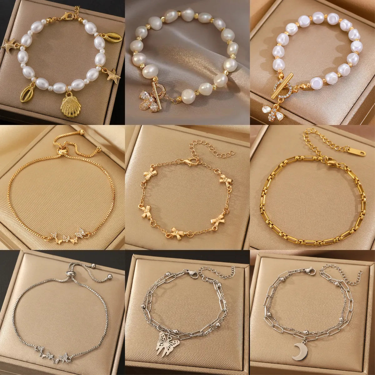 Simple Style Moon Flower Bow Knot Imitation Pearl Alloy Wholesale Bracelets