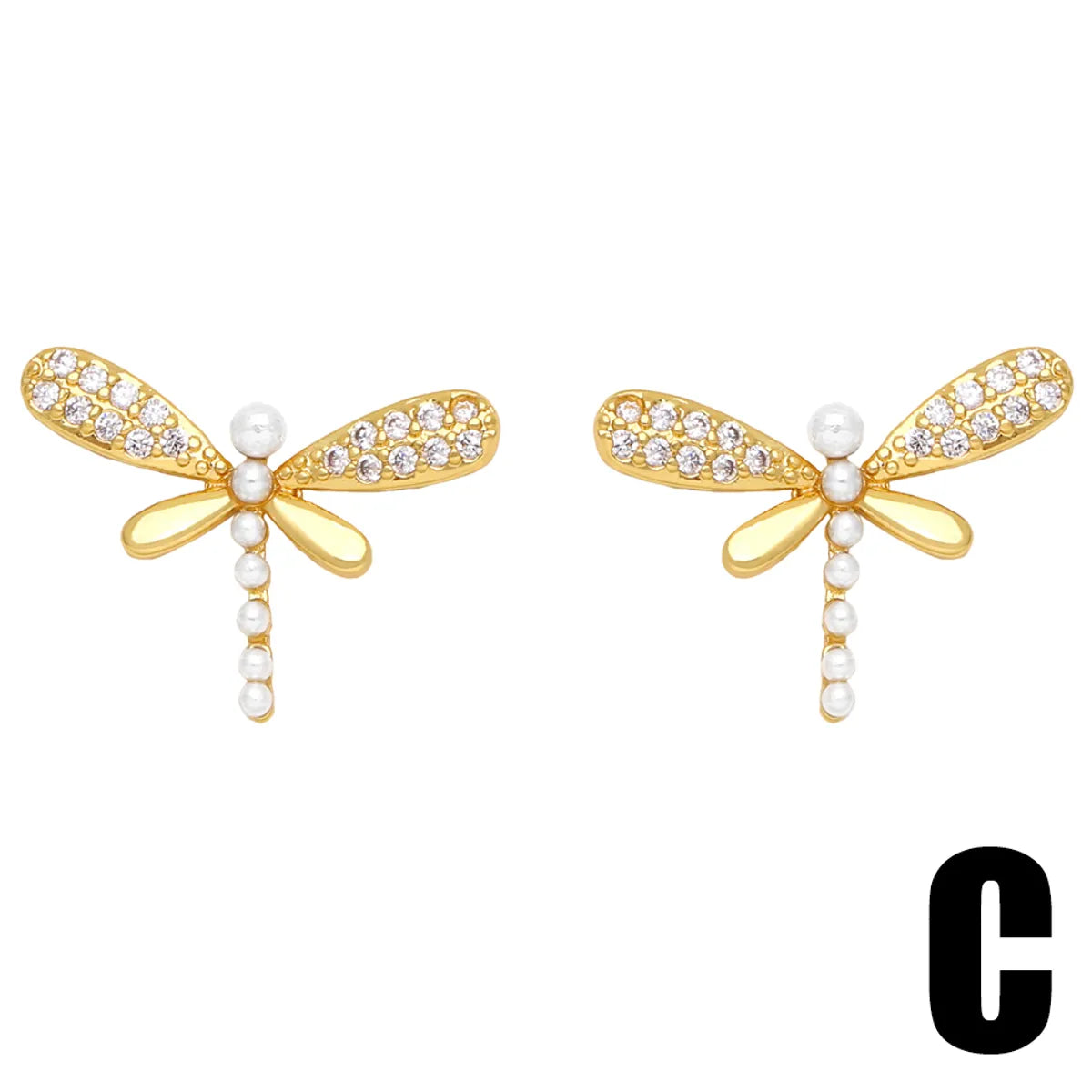 Simple Style Moon Heart Shape Dragonfly Copper Plating Inlay Pearl Zircon Ear Studs 1 Pair