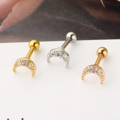 Simple Style Moon Stainless Steel Zircon Lip Stud Ear Studs 1 Piece