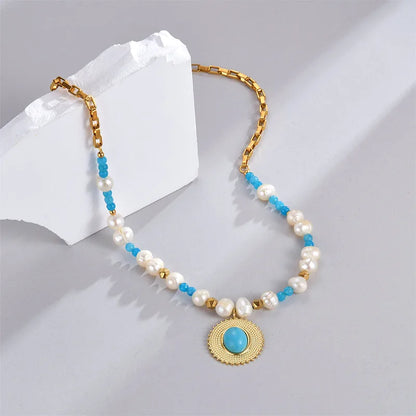 304 Stainless Steel Artificial Pearl Natural Stone 14K Gold Plated Simple Style Beaded Plating Oval Natural Stone Necklace