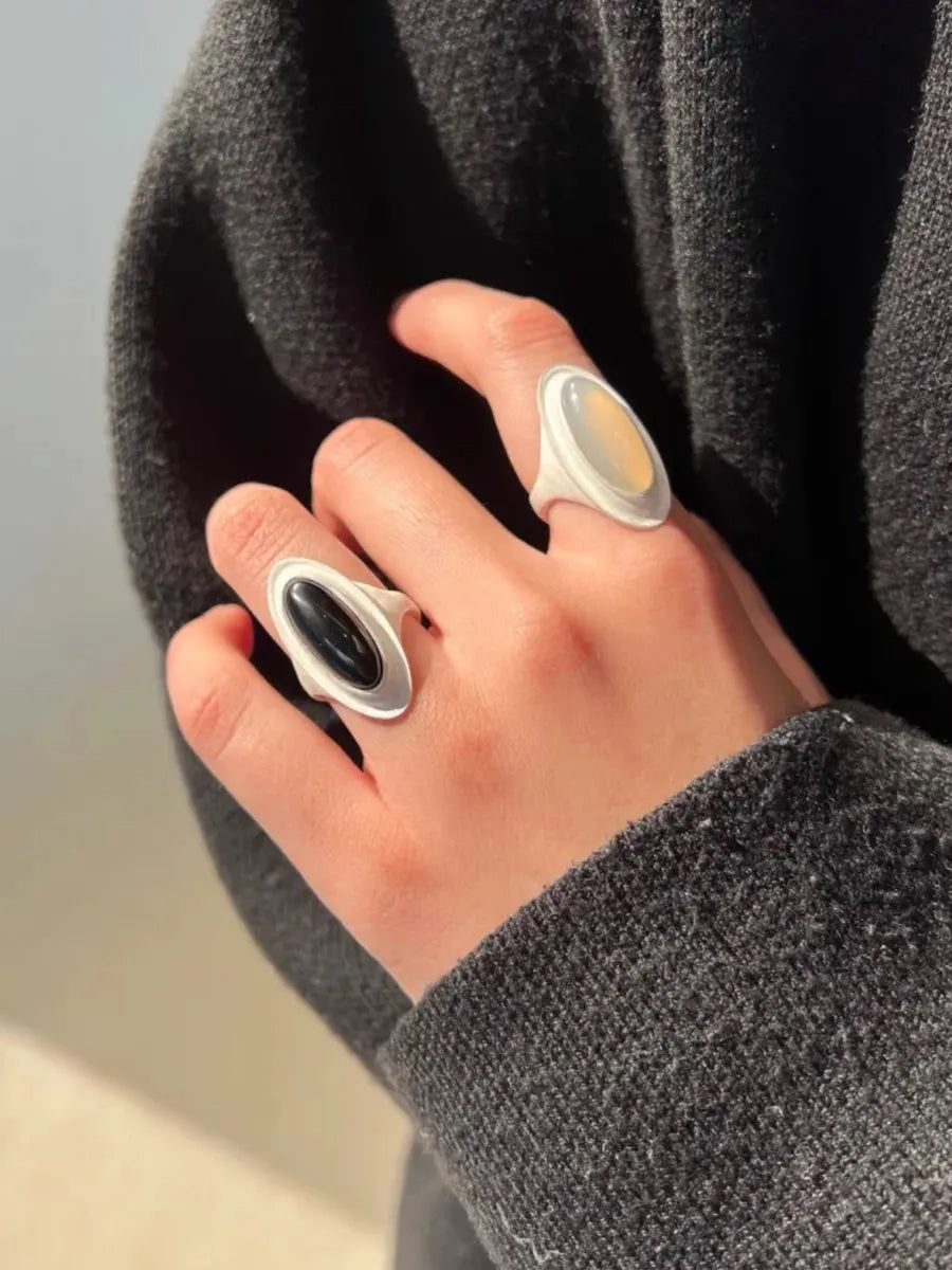 Simple Style Oval Sterling Silver Inlay Agate Silver Plated Adjustable Ring