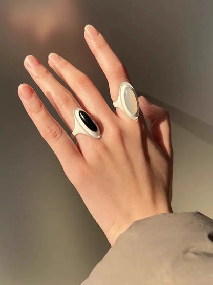 Simple Style Oval Sterling Silver Inlay Agate Silver Plated Adjustable Ring