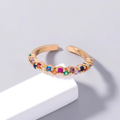 Simple Style Rainbow Zircon Adjustable Opening Ladies Copper Ring