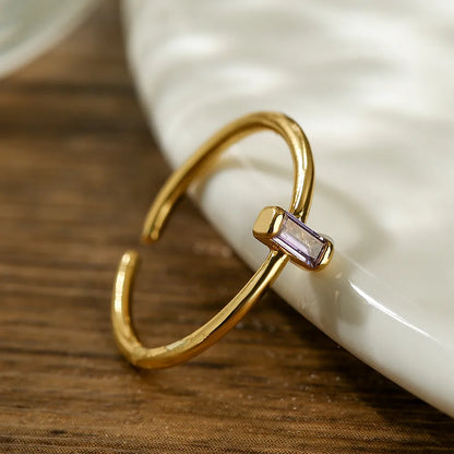 Simple Style Rectangle Copper Plating Inlay Zircon 18k Gold Plated Open Ring