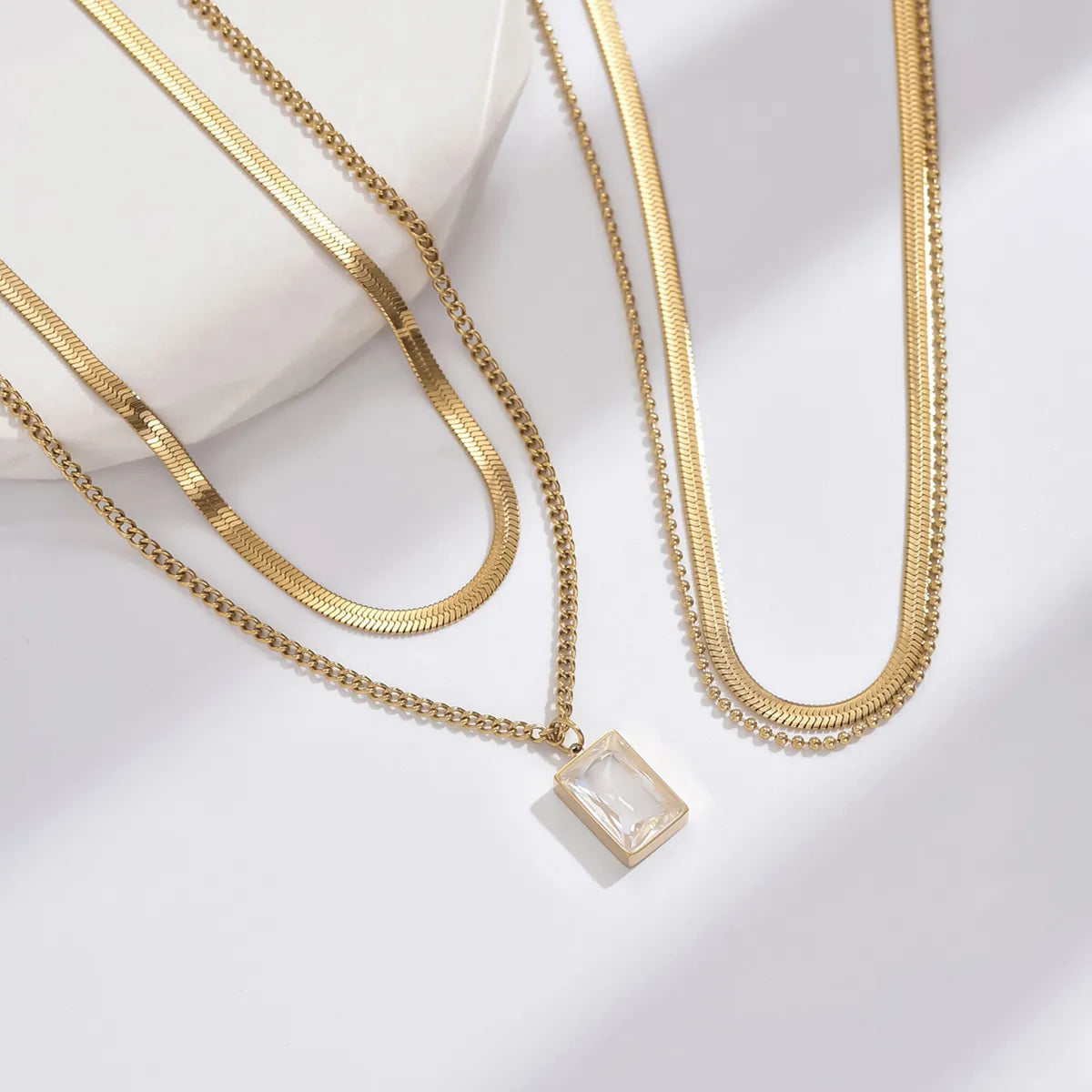 Simple Style Rectangle Stainless Steel Plating Inlay Zircon 14k Gold Plated Double Layer Necklaces