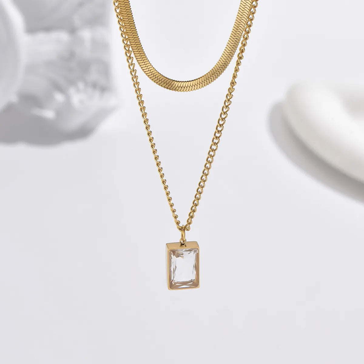 Simple Style Rectangle Stainless Steel Plating Inlay Zircon 14k Gold Plated Double Layer Necklaces